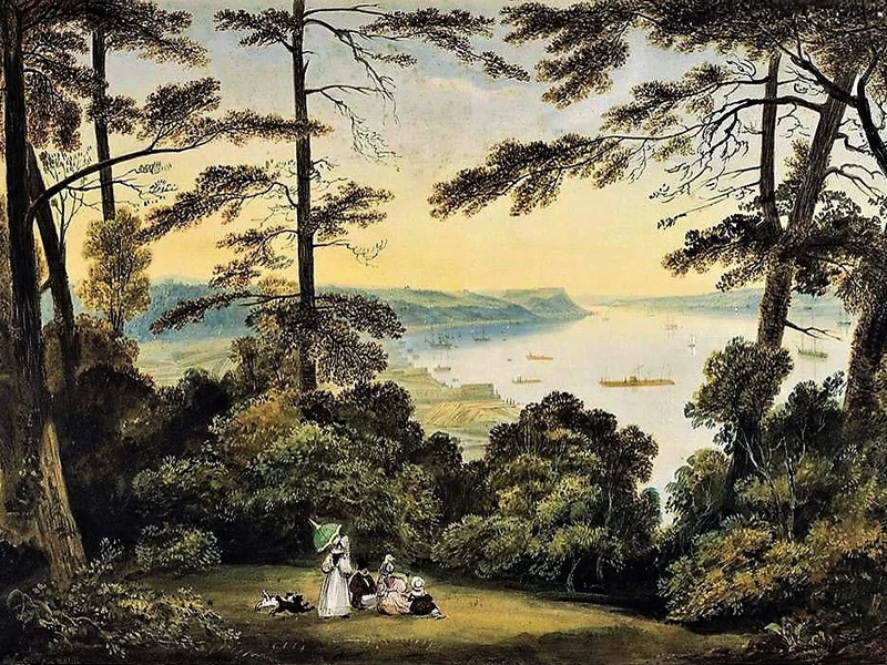 1779-James Pattison Cockburn - Vista di Capo Diamante e Baia di Wolfe da Pointe à Pizeau, con vista sulla città di Québec